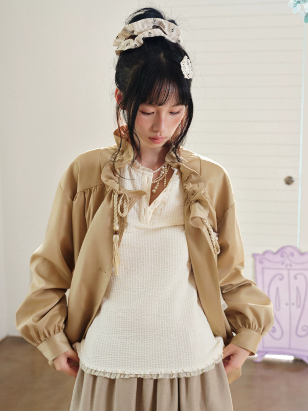 DAILY ARTIST - Cream Beige Henley Bubble Gauze Lace-Trim Top