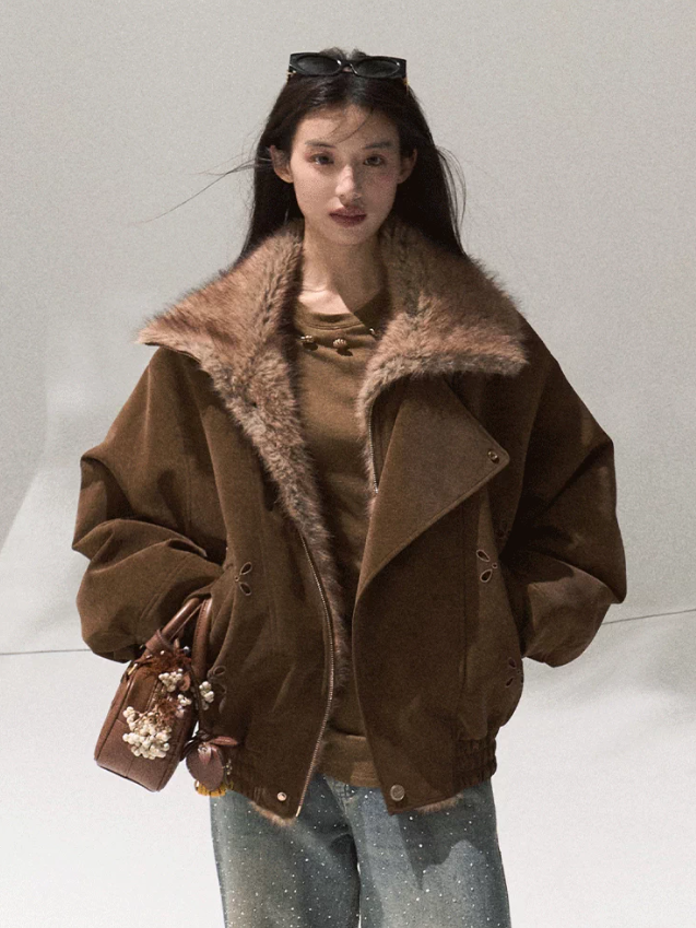 OAKMOO/ Slate Brown Faux Leather Jacket with Gradient Faux Fur Collar