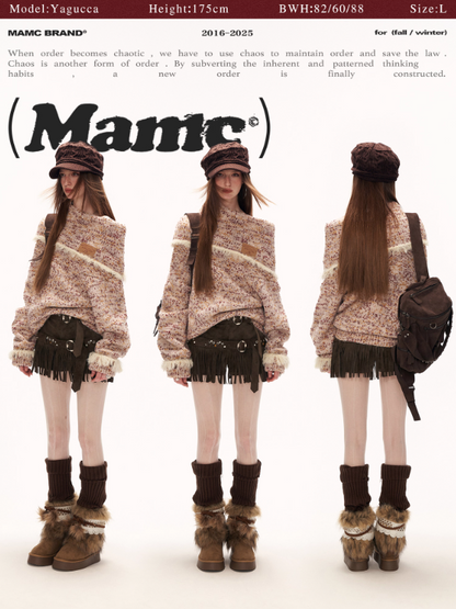 MAMC - Beige Slouchy Textured Off-Shoulder Turtleneck Sweater WE897