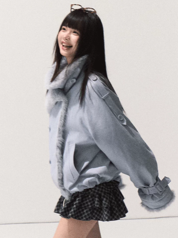 OAKMOO/ Iris Vine Blue Faux Fur Collar Cropped Parka Jacket