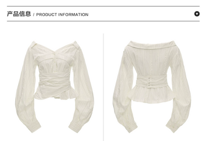 MAMC - White French-Inspired Ruffle Off-Shoulder Waist-Tie Blouse