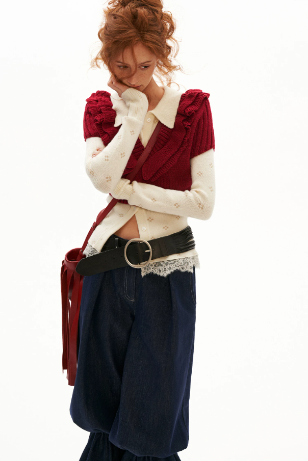 MAMC - Layered Muse V-Neck Knit Top (Red / Black)