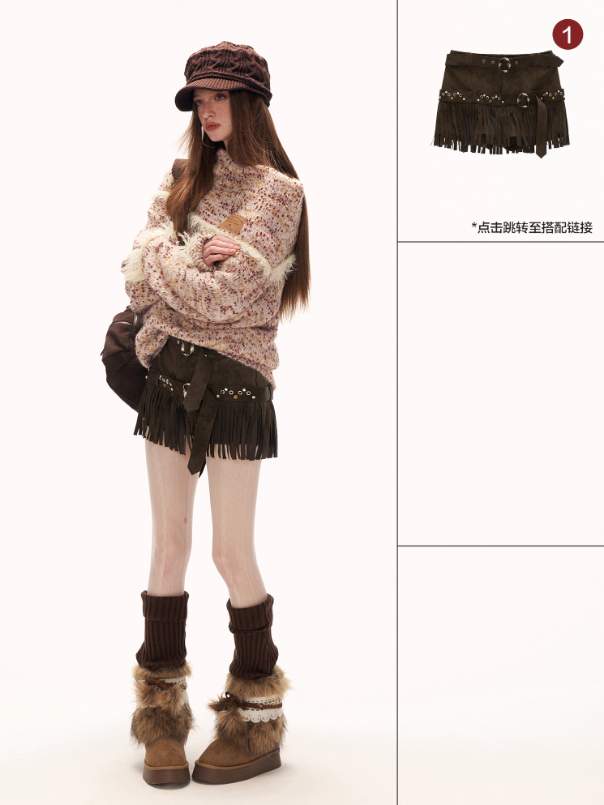MAMC - Beige Slouchy Textured Off-Shoulder Turtleneck Sweater WE897