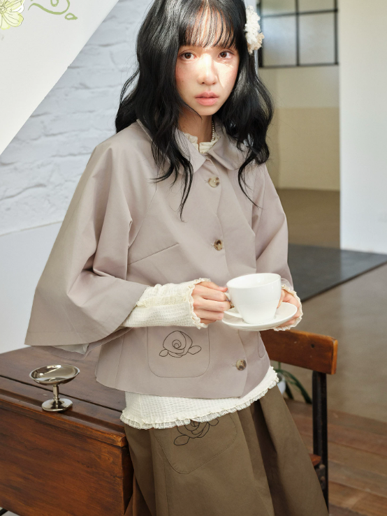 DAILY ARTIST - Cream Beige Henley Bubble Gauze Lace-Trim Top