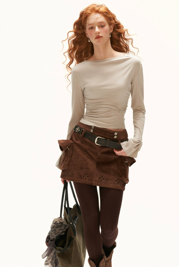 MAMC - Light Apricot Twisted Ruched Lyocell Long Sleeve Top