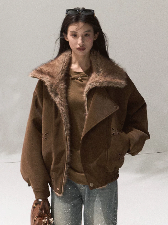 OAKMOO/ Slate Brown Faux Leather Jacket with Gradient Faux Fur Collar