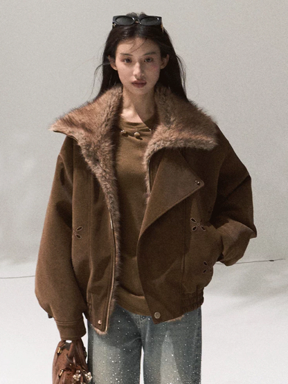 OAKMOO/ Slate Brown Faux Leather Jacket with Gradient Faux Fur Collar
