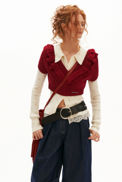 MAMC - Layered Muse V-Neck Knit Top (Red / Black)
