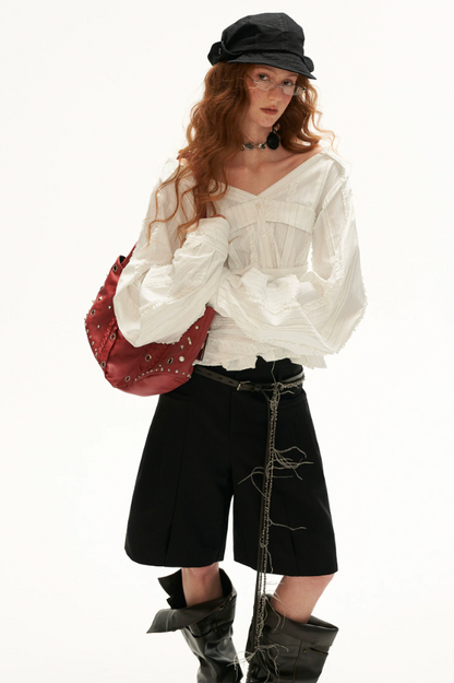 MAMC - White French-Inspired Ruffle Off-Shoulder Waist-Tie Blouse