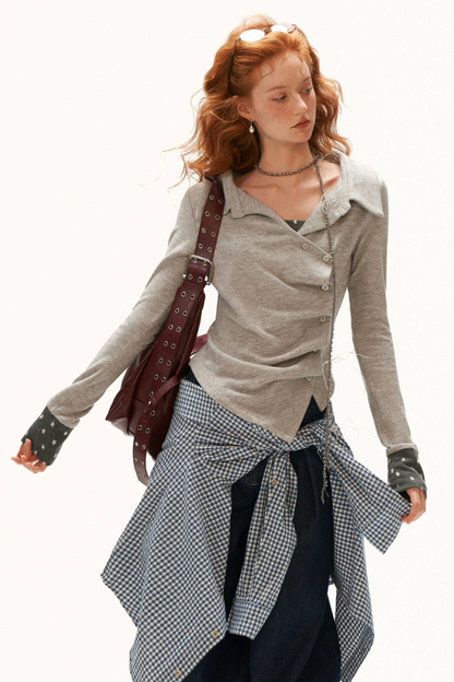 MAMC - Gray Star-Print Layered Polo Collar Long Sleeve Top