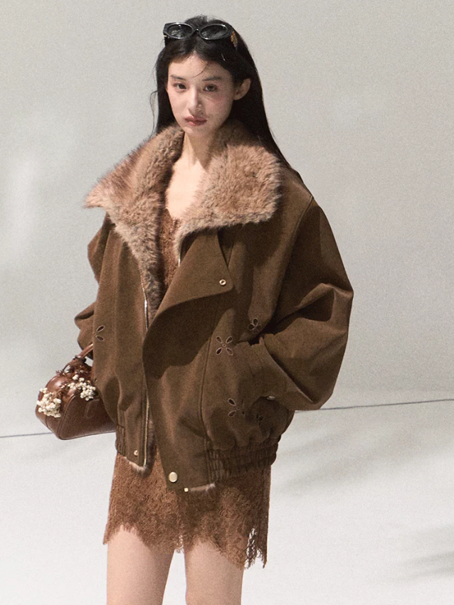 OAKMOO/ Slate Brown Faux Leather Jacket with Gradient Faux Fur Collar