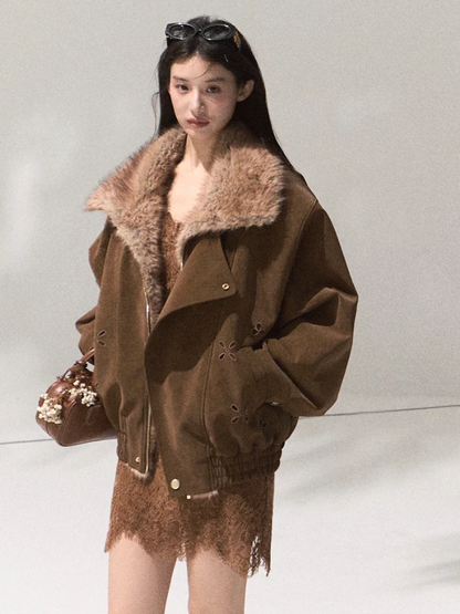 OAKMOO/ Slate Brown Faux Leather Jacket with Gradient Faux Fur Collar