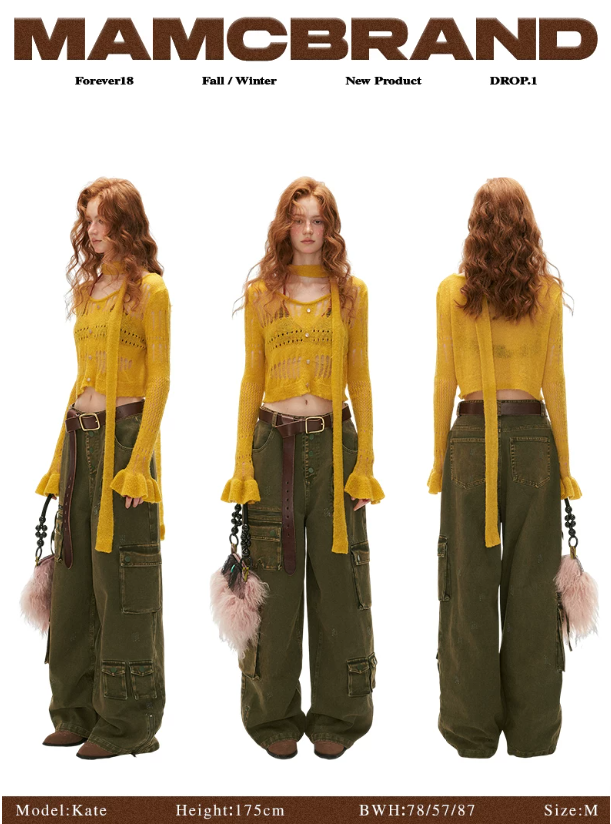 MAMC - Wide-Neck Cutout Cropped Knit Cardigan (Black / Yellow / Beige / Plaid Bra)