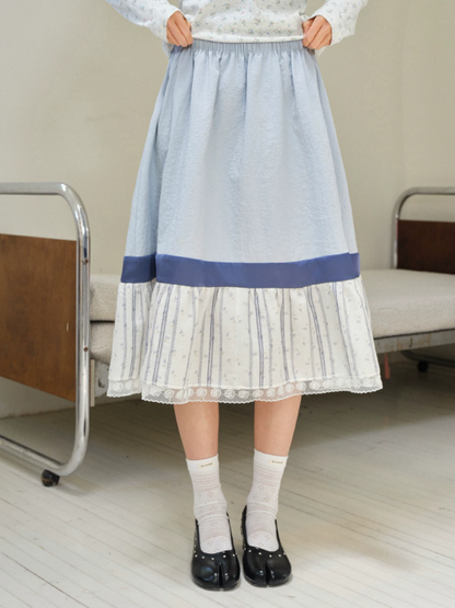DAILY ARTIST - Light Blue Color-Block Floral Lace-Trim A-Line Skirt