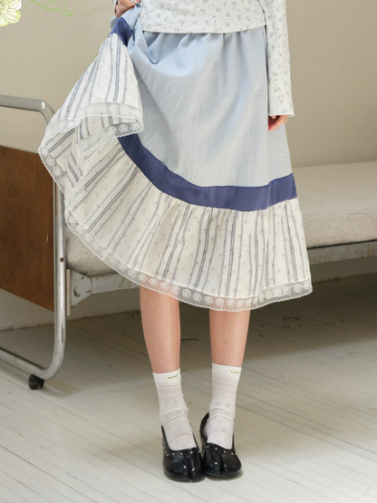 DAILY ARTIST - Light Blue Color-Block Floral Lace-Trim A-Line Skirt