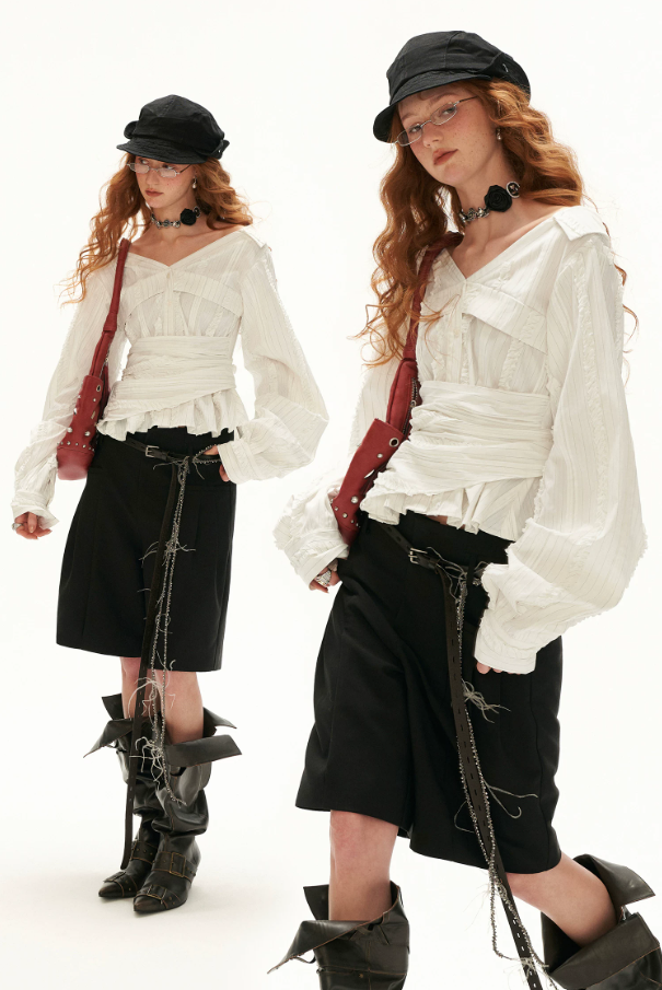 MAMC - White French-Inspired Ruffle Off-Shoulder Waist-Tie Blouse