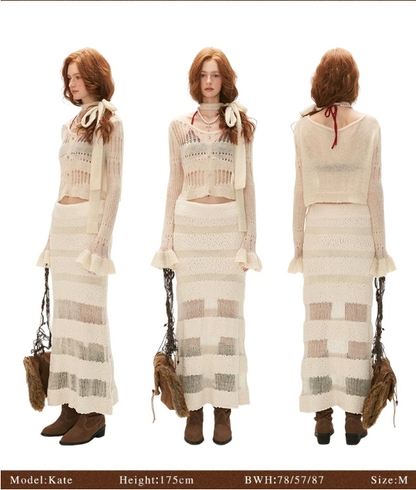 MAMC - Wide-Neck Cutout Cropped Knit Cardigan (Black / Yellow / Beige / Plaid Bra)