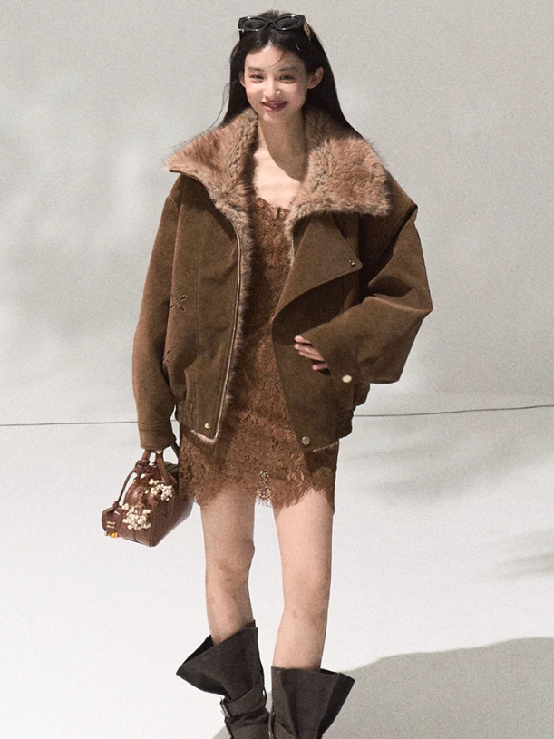 OAKMOO/ Slate Brown Faux Leather Jacket with Gradient Faux Fur Collar