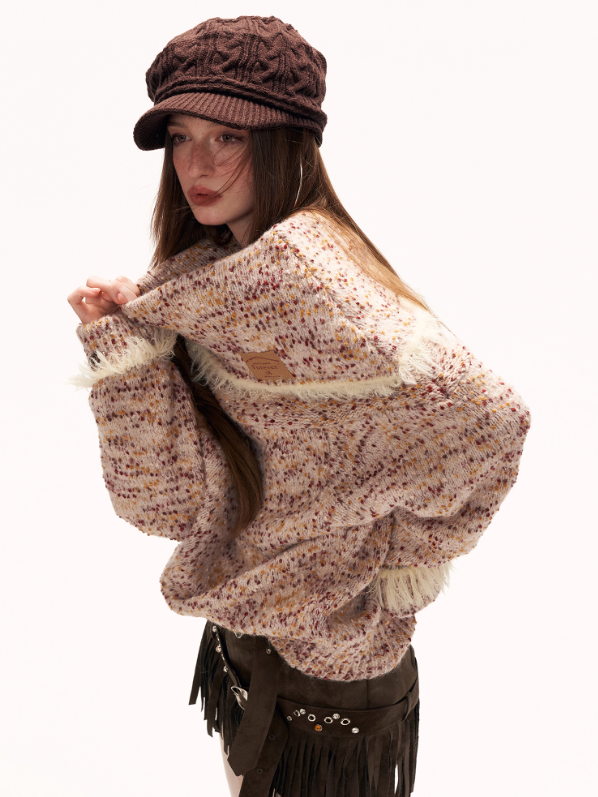 MAMC - Beige Slouchy Textured Off-Shoulder Turtleneck Sweater WE897