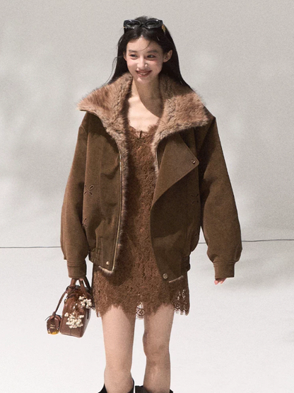 OAKMOO/ Slate Brown Faux Leather Jacket with Gradient Faux Fur Collar