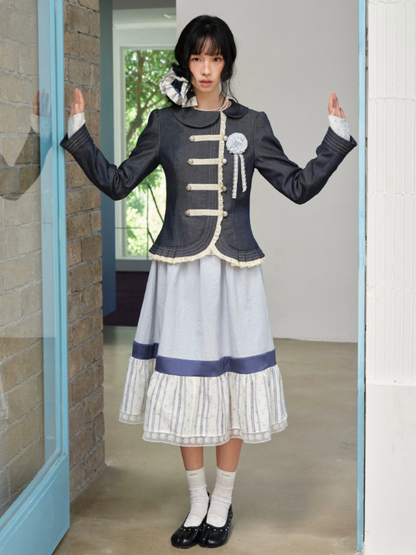 DAILY ARTIST - Light Blue Color-Block Floral Lace-Trim A-Line Skirt