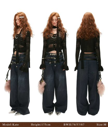 MAMC - Wide-Neck Cutout Cropped Knit Cardigan (Black / Yellow / Beige / Plaid Bra)