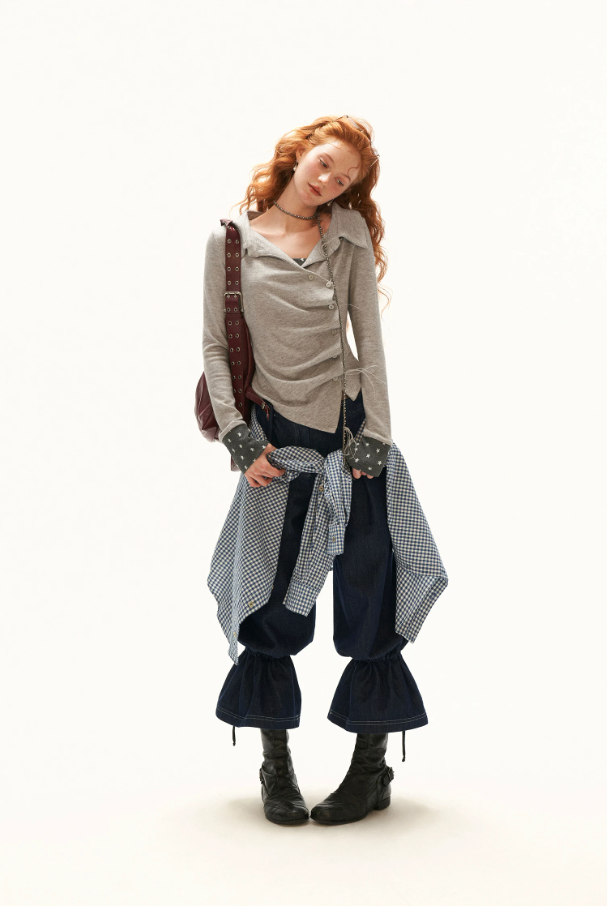 MAMC - Gray Star-Print Layered Polo Collar Long Sleeve Top