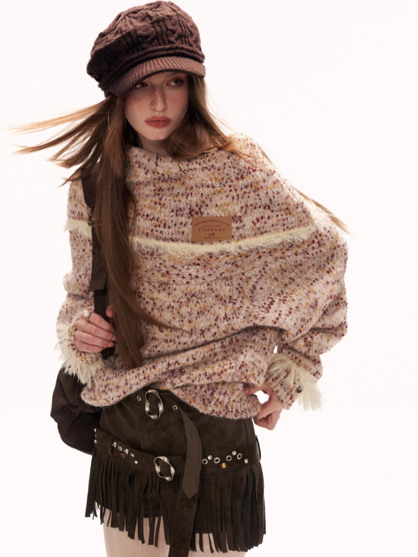 MAMC - Beige Slouchy Textured Off-Shoulder Turtleneck Sweater WE897