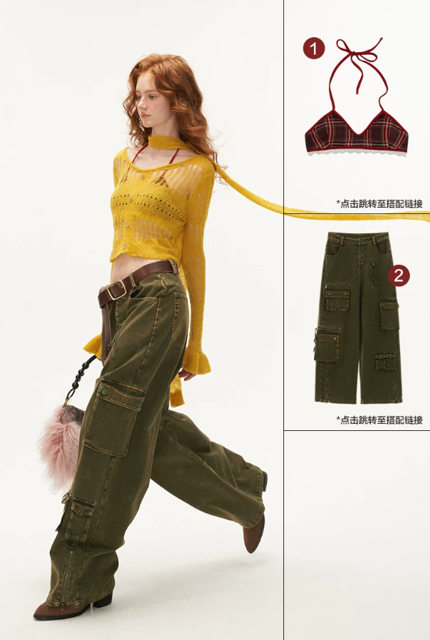 MAMC - Wide-Neck Cutout Cropped Knit Cardigan (Black / Yellow / Beige / Plaid Bra)