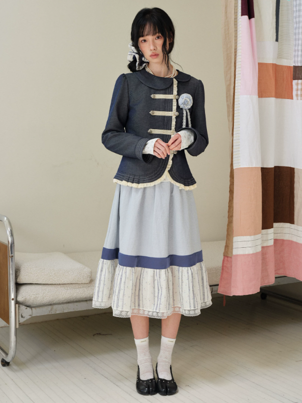 DAILY ARTIST - Light Blue Color-Block Floral Lace-Trim A-Line Skirt
