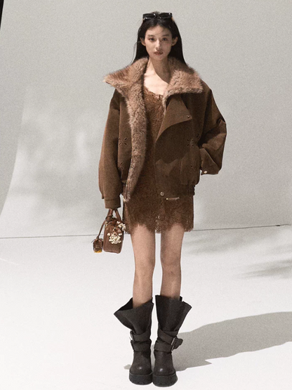 OAKMOO/ Slate Brown Faux Leather Jacket with Gradient Faux Fur Collar
