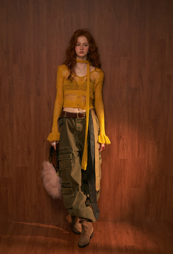 MAMC - Wide-Neck Cutout Cropped Knit Cardigan (Black / Yellow / Beige / Plaid Bra)