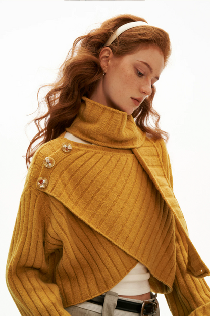 MAMC - Soft Recycled Airy Knit Cross-Neck Sweater (Red / Yellow / Ivory)