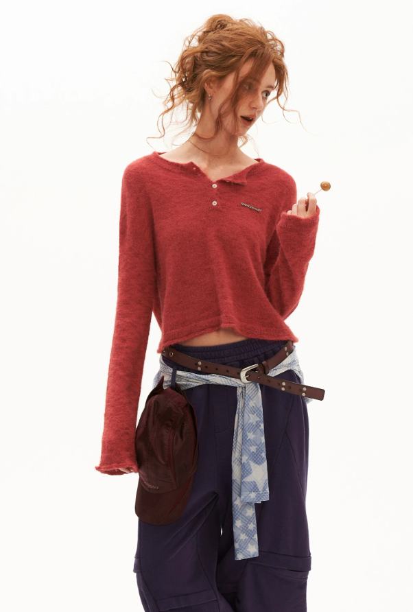 MAMC - Open-Back Mohair Blend Cropped Sweater (Red/ Black/ Blue)