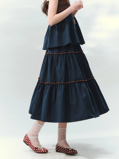 “Bohemian Travel Notes” Navy Beaded Cami & Tiered Maxi Skirt Set