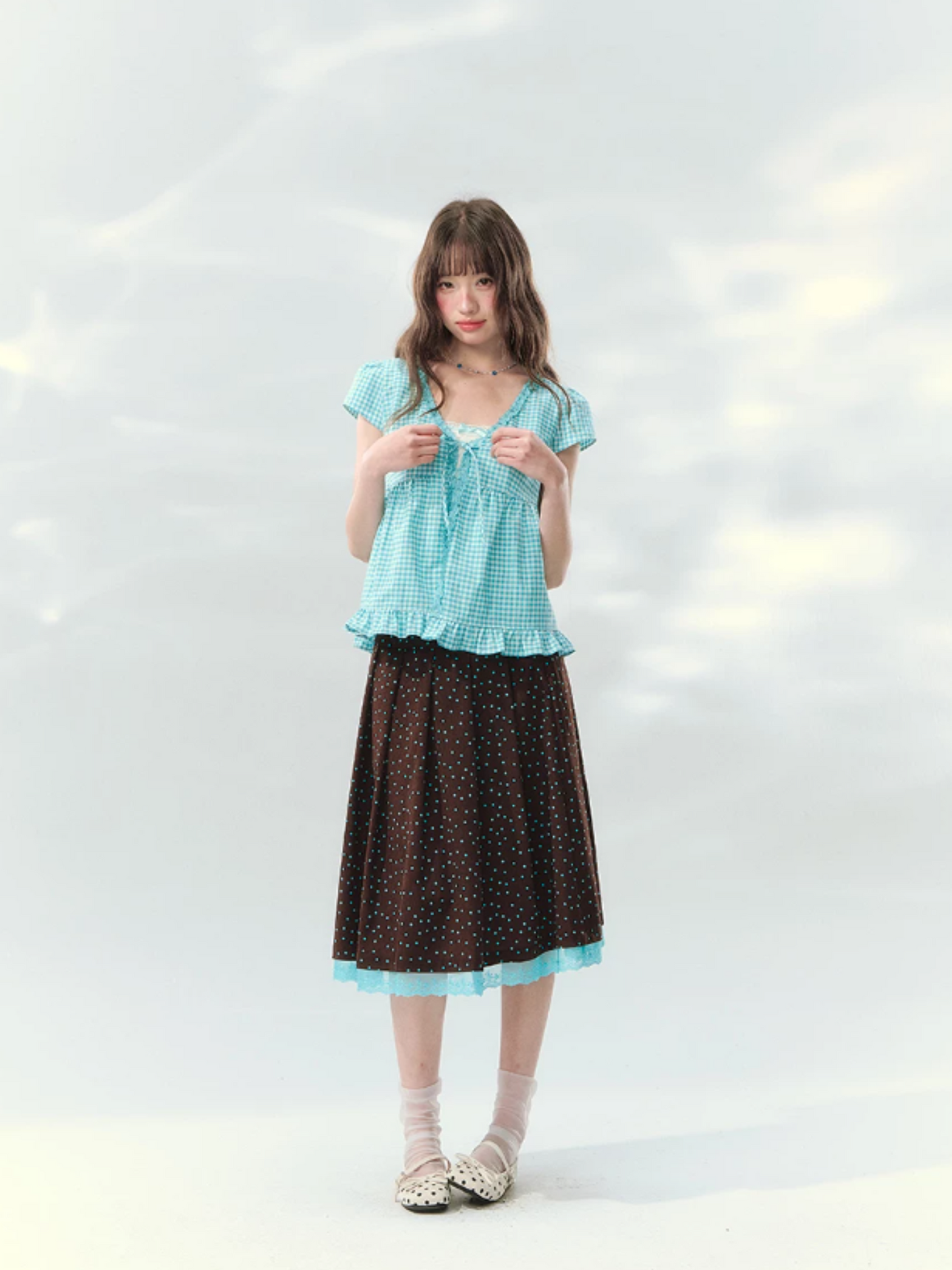 “Sea Salt Letters” Plaid Lace Layered Skirt Set  LL2026168