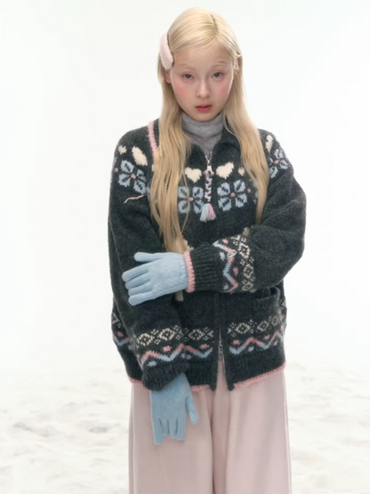 "Nordic Fairytale" Charcoal Pony Zip-Up Knit Cardigan WW2025449