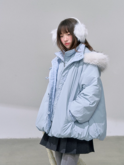 "雪境叠影" Faux Two-Piece Blue Down Jacket with 90% Duck Down & Fur Hood