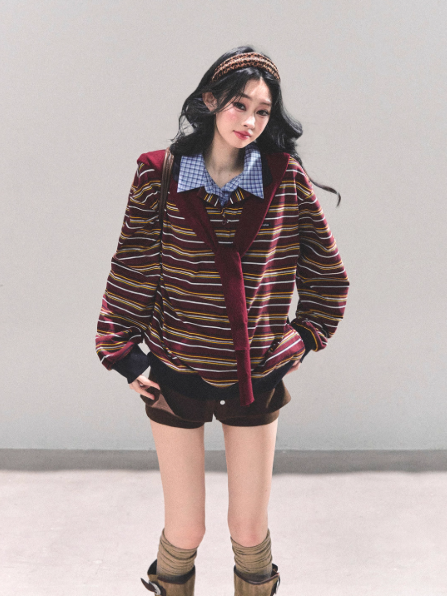 少也眼 "Unfinished Poem" Striped Polo Long Sleeve - Wine Red Striped