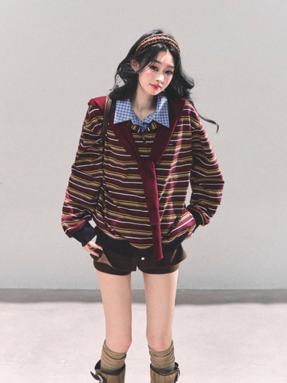 少也眼 "Unfinished Poem" Striped Polo Long Sleeve - Wine Red Striped