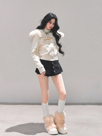 少也眼 “Snowvel Embrace” Hooded Sherpa Jacket - Cream White 874351