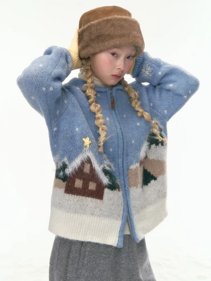 "Hand-Stitched Snow Fairytale" Blue Zip-Up Knit Cardigan LL2025448