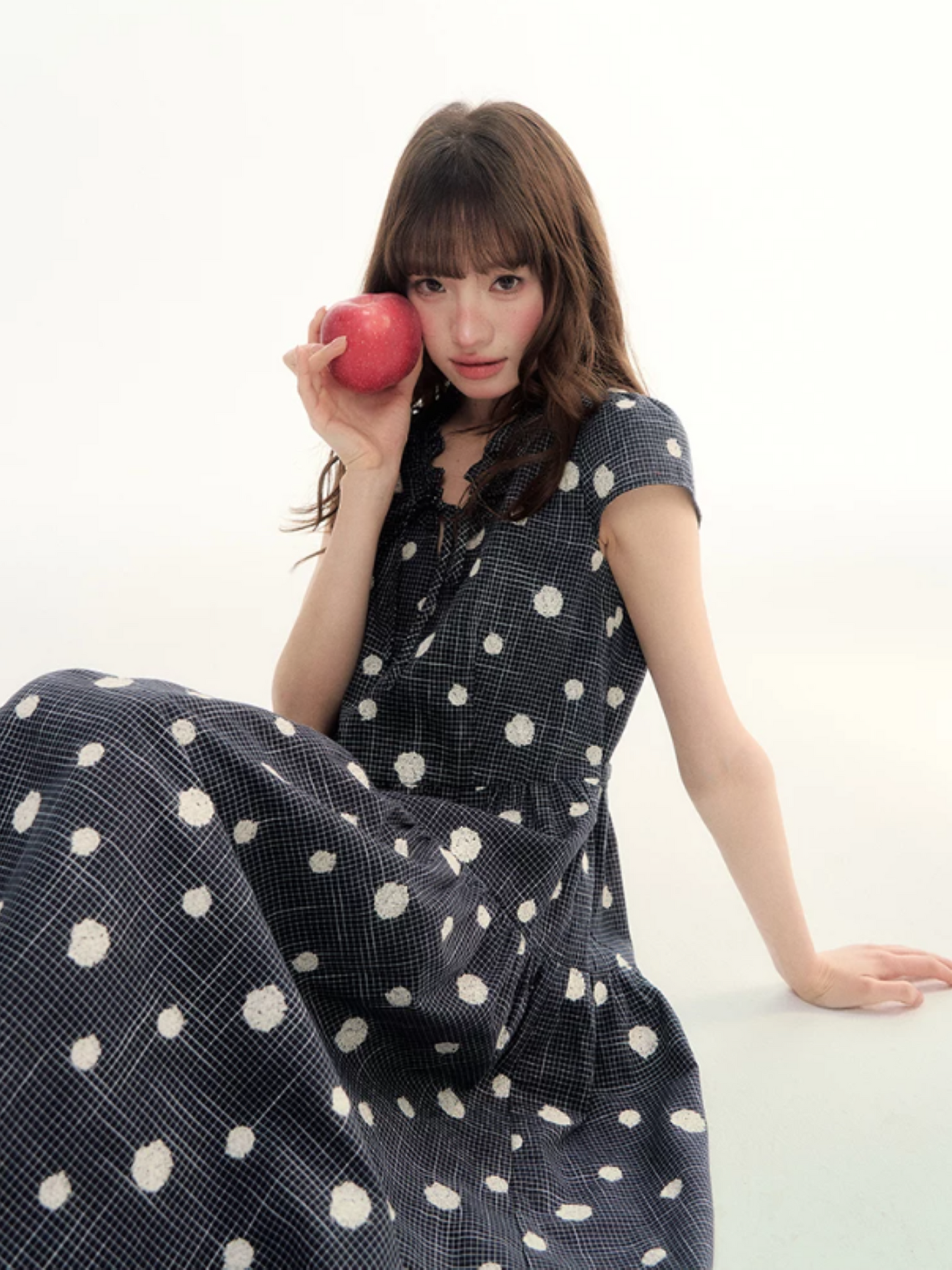 Navy Polka Dot Plaid Tie-Waist A-Line Dress LL2026095