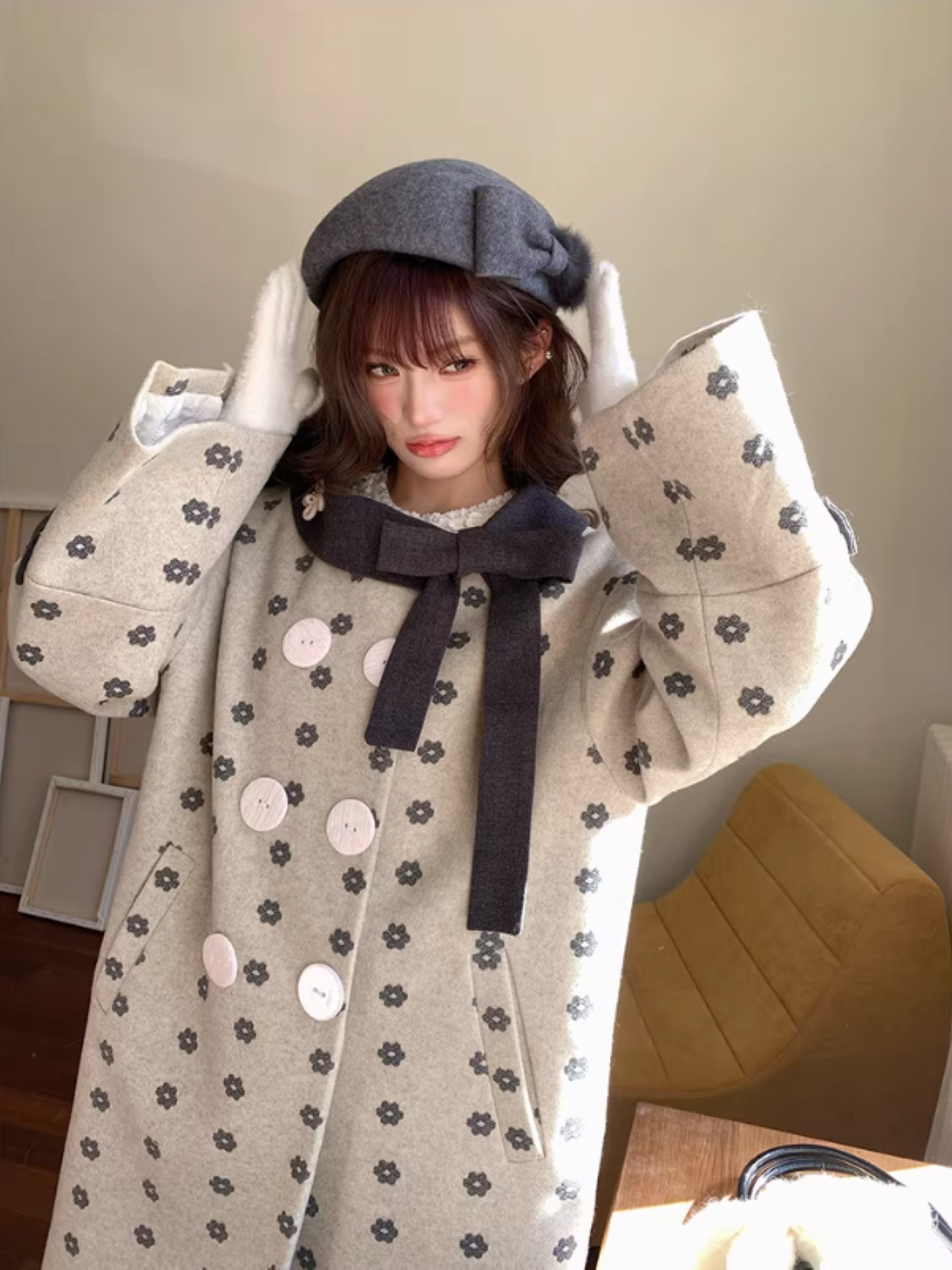 阮阮自制 - "Mild Butterfly" Bow-Embroidered Padded Wool-Blend Winter Coat