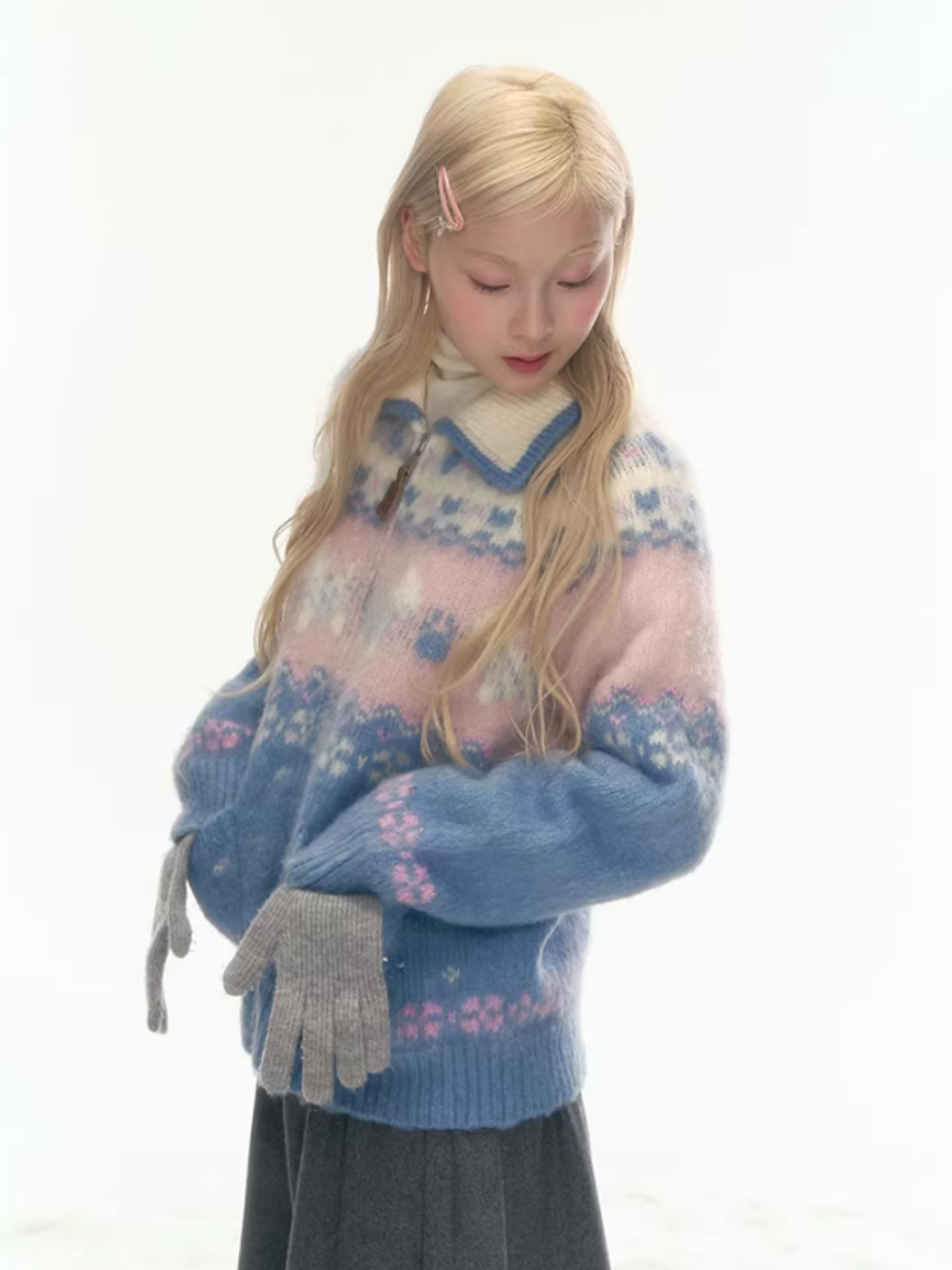 "Winter Pasture" Blue Puppy Fair Isle Knit Sweater LL2025222