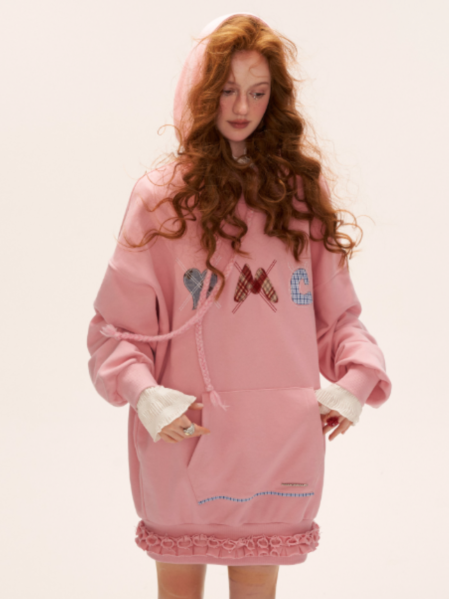 MAMC - Plaid Patch Embroidered Hoodie Dress WE808 - PINK