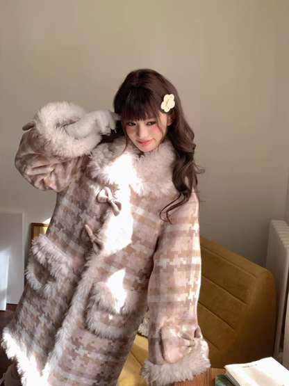 阮阮自制 - Clara Bow Blush Plaid Wool-Blend Padded Coat