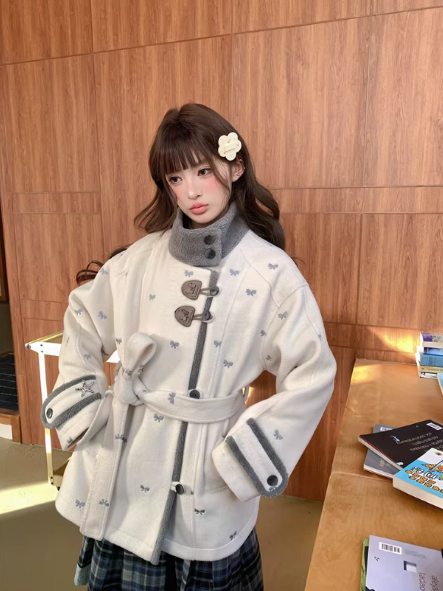 阮阮自制 - "Fog Whisper" Bow Embroidered Wool-Blend Padded Coat