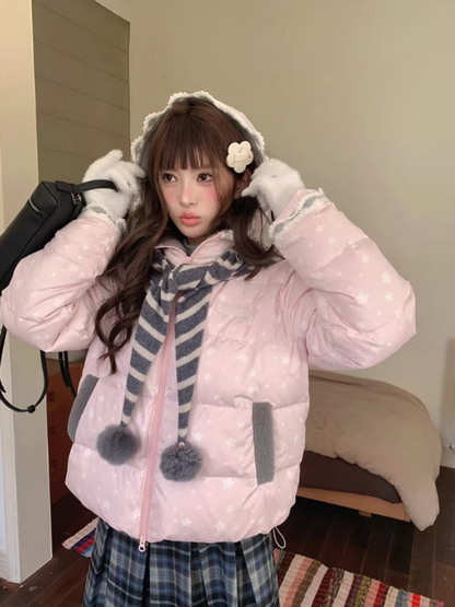 阮阮自制 - "Cherry Amber Star" Star Hooded White Duck Down Jacket