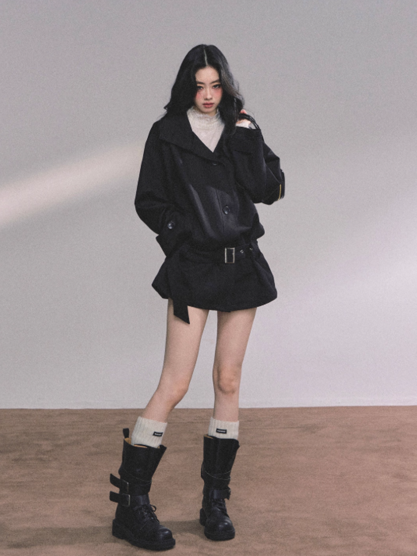 少也眼 Sydney Holiday French Hepburn Style Trench Coat (Black)